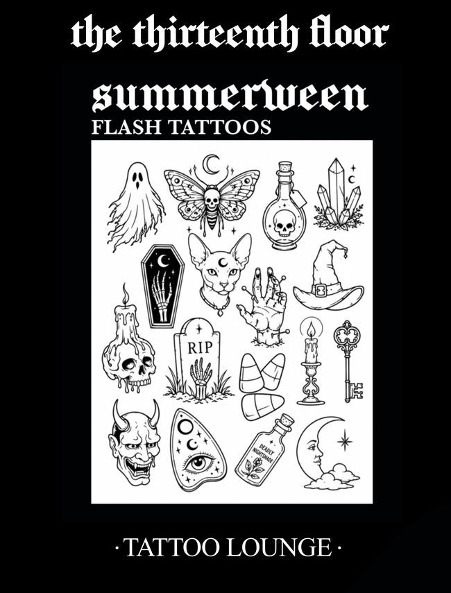 Summerween flash sheet, witchy and gothic designs