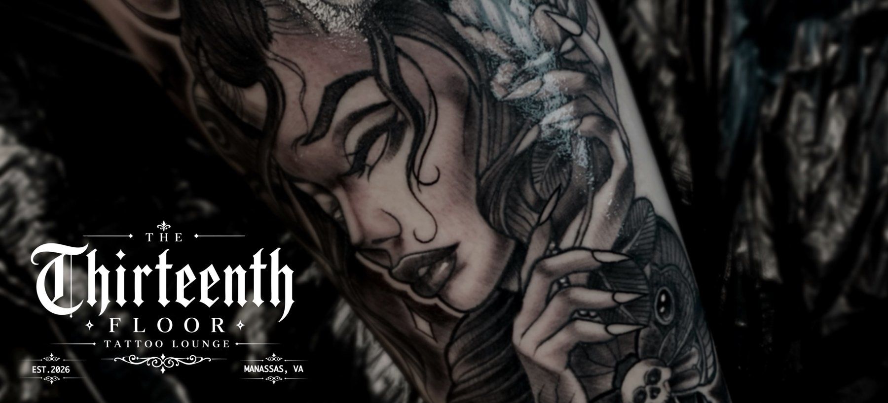 Black and grey gothic portrait tattoo close-up, The Thirteenth Floor Tattoo Lounge
