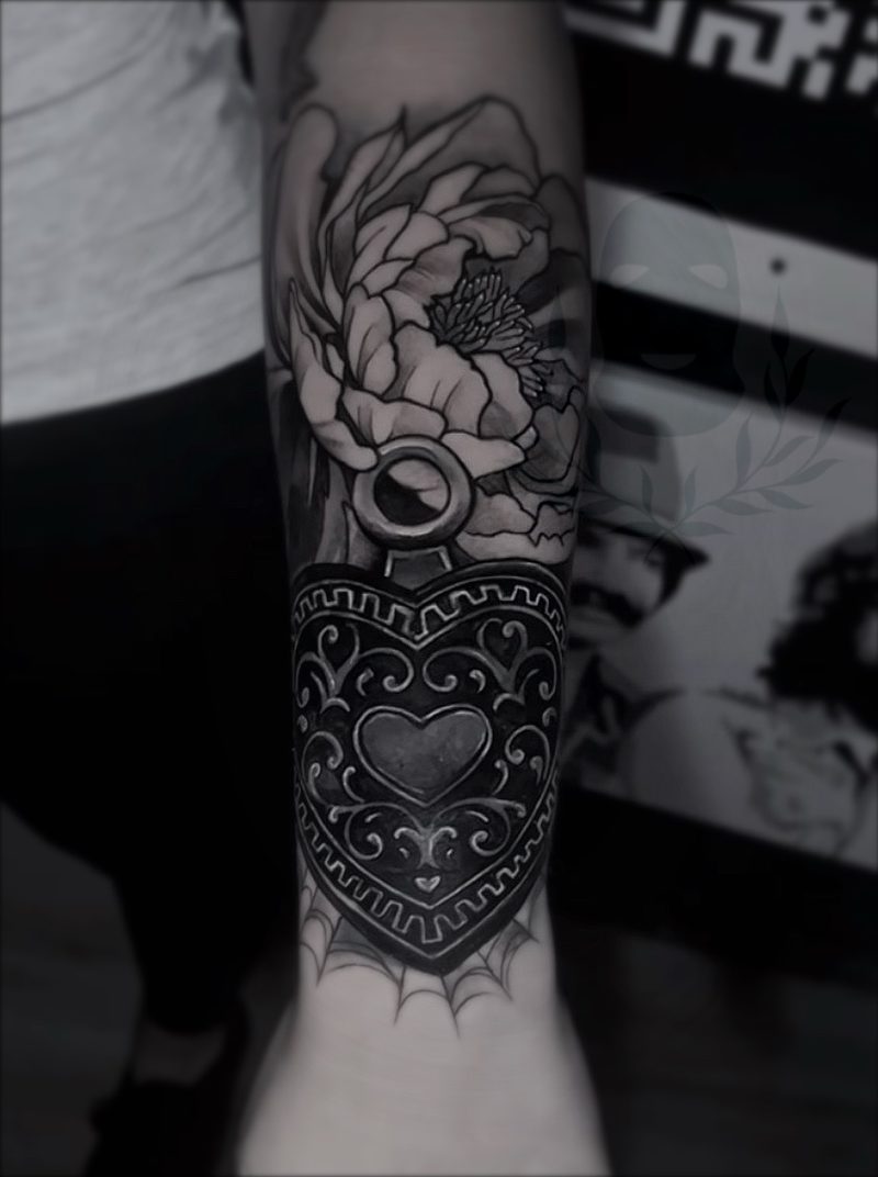 Peony & Heart Locket tattoo, The Thirteenth Floor Tattoo Lounge